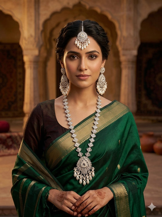 Long mala with earrings and tikka