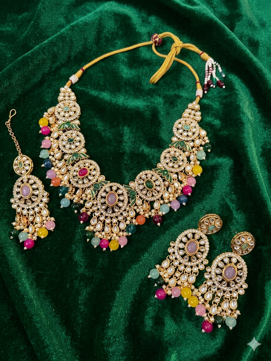 Premium quality kundan set with earrings and tikka