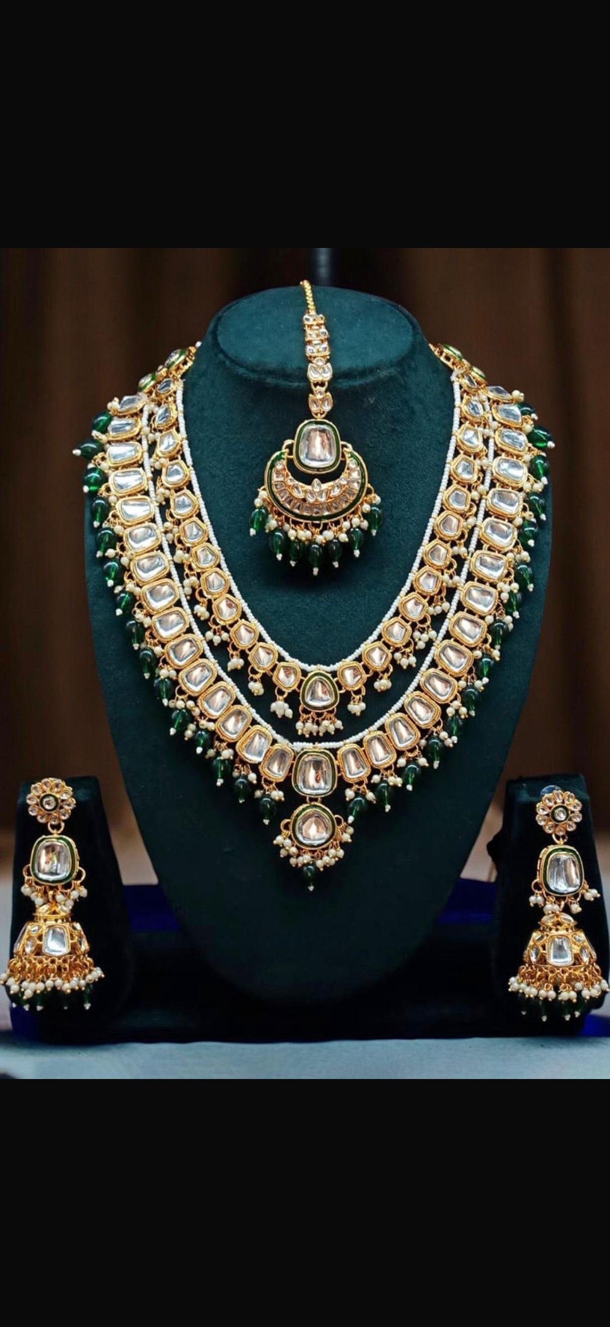 Kundan layered long Haar with earrings and tikka