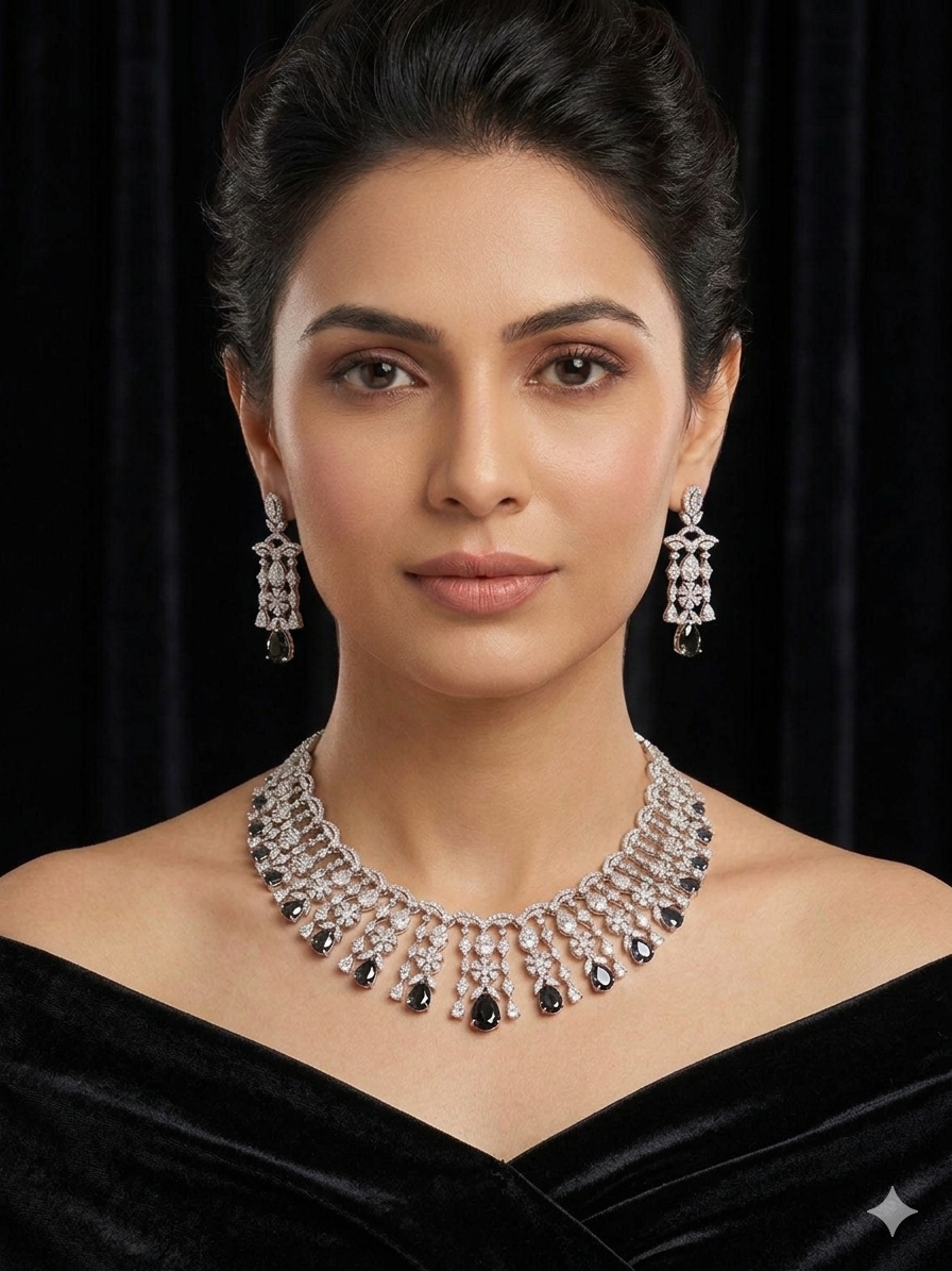 Sterling silver AD Necklace set| Black