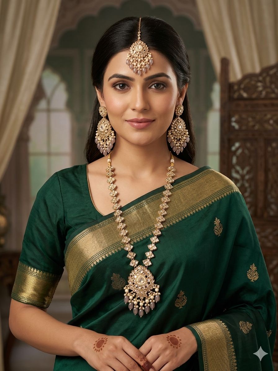 Long mala with earrings and tikka