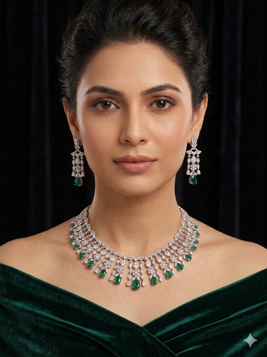 Sterling silver AD Necklace set| Green