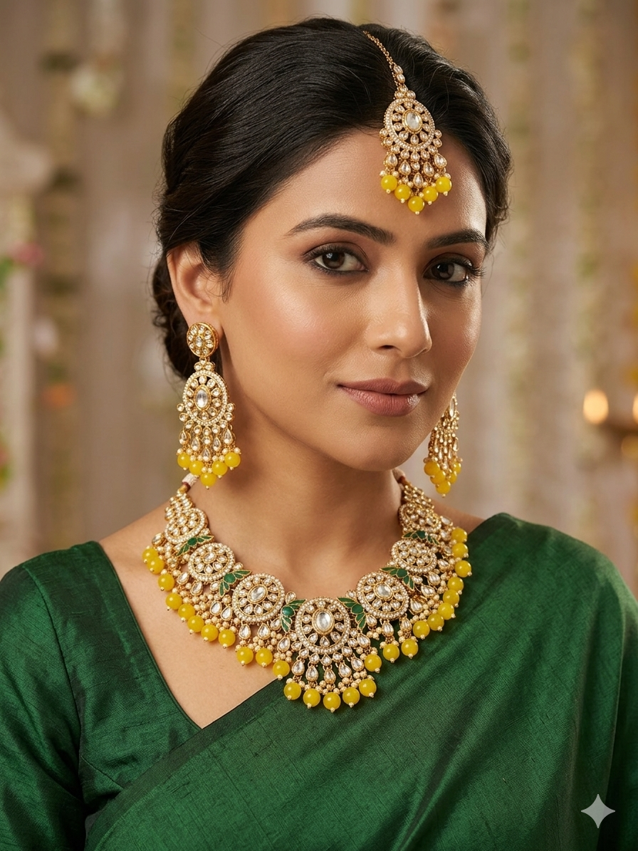 Premium quality kundan set with earrings and tikka