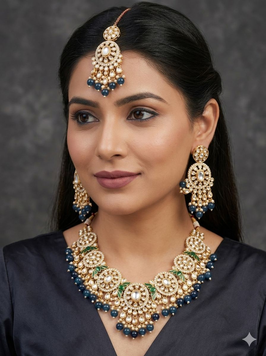 Premium quality kundan set with earrings and tikka