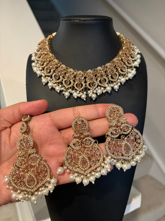 Champagne Necklace with earrings and tikka