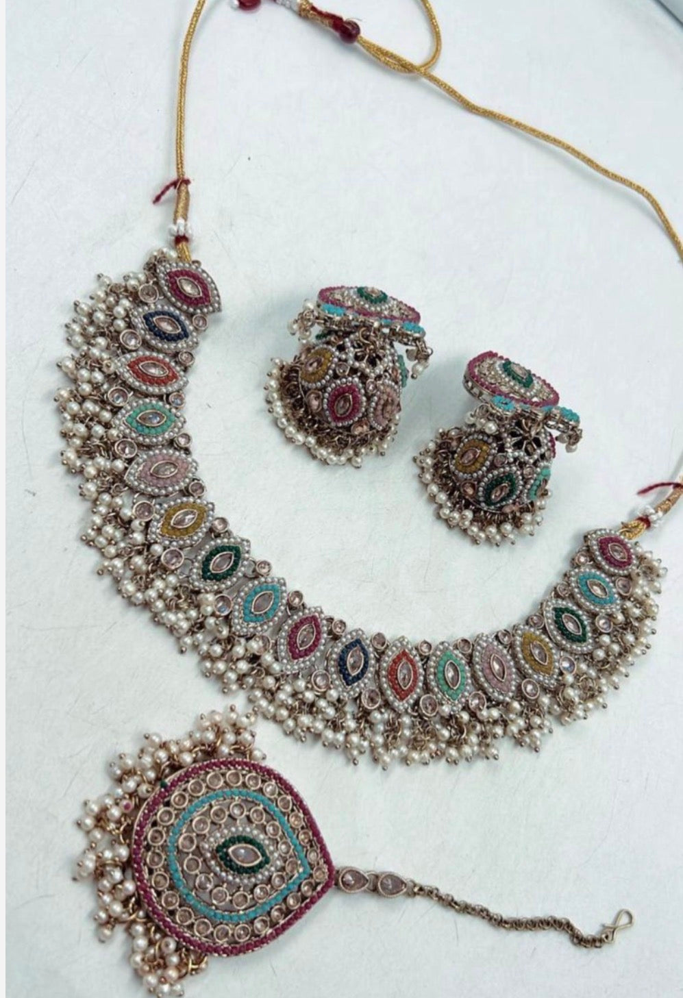 Multi color necklace with jhumki tikka