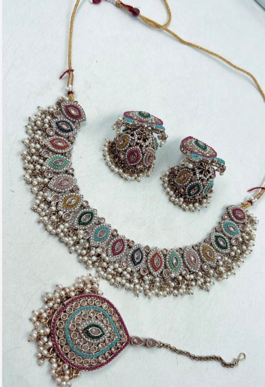 Multi color necklace with jhumki tikka
