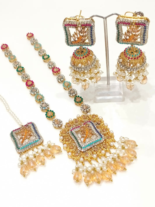 Nauratan long mala haar with jhumka and tikka