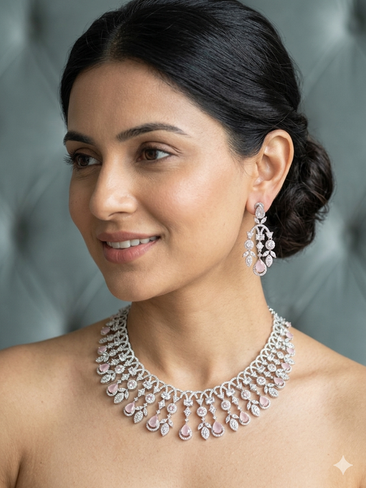 Sterling silver AD Necklace set| pink