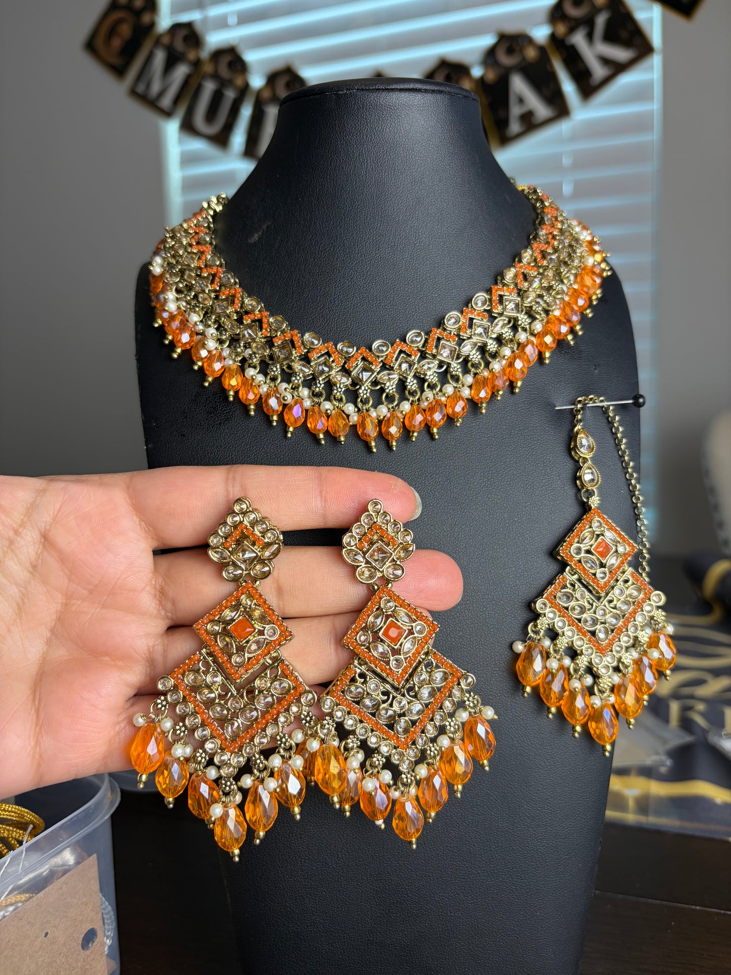 Premium quality necklace set with earrings and tikka