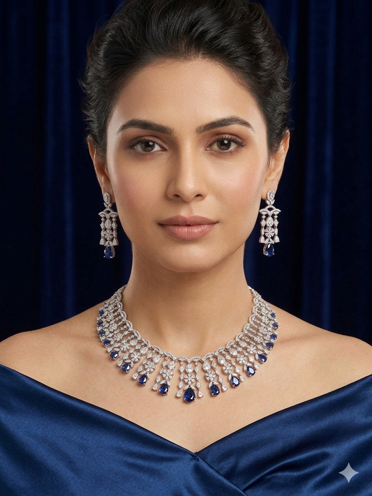 Sterling silver AD Necklace set| Blue