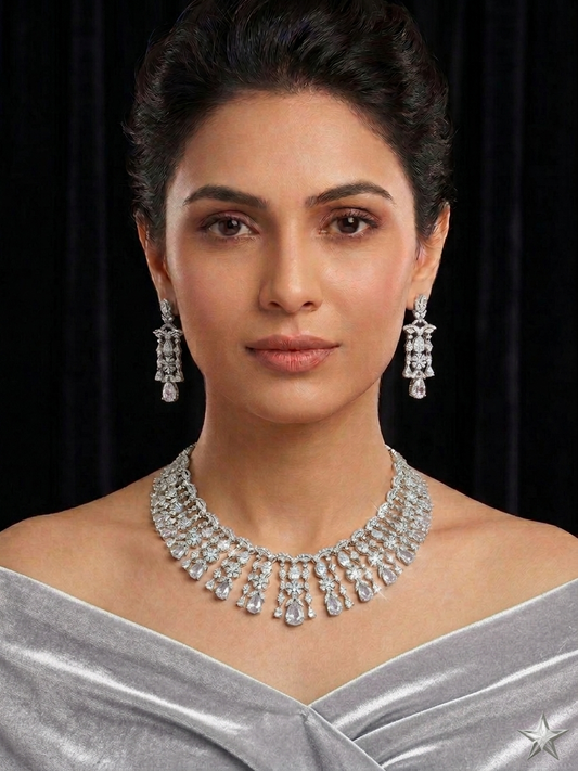 Sterling silver AD Necklace set| clear silver