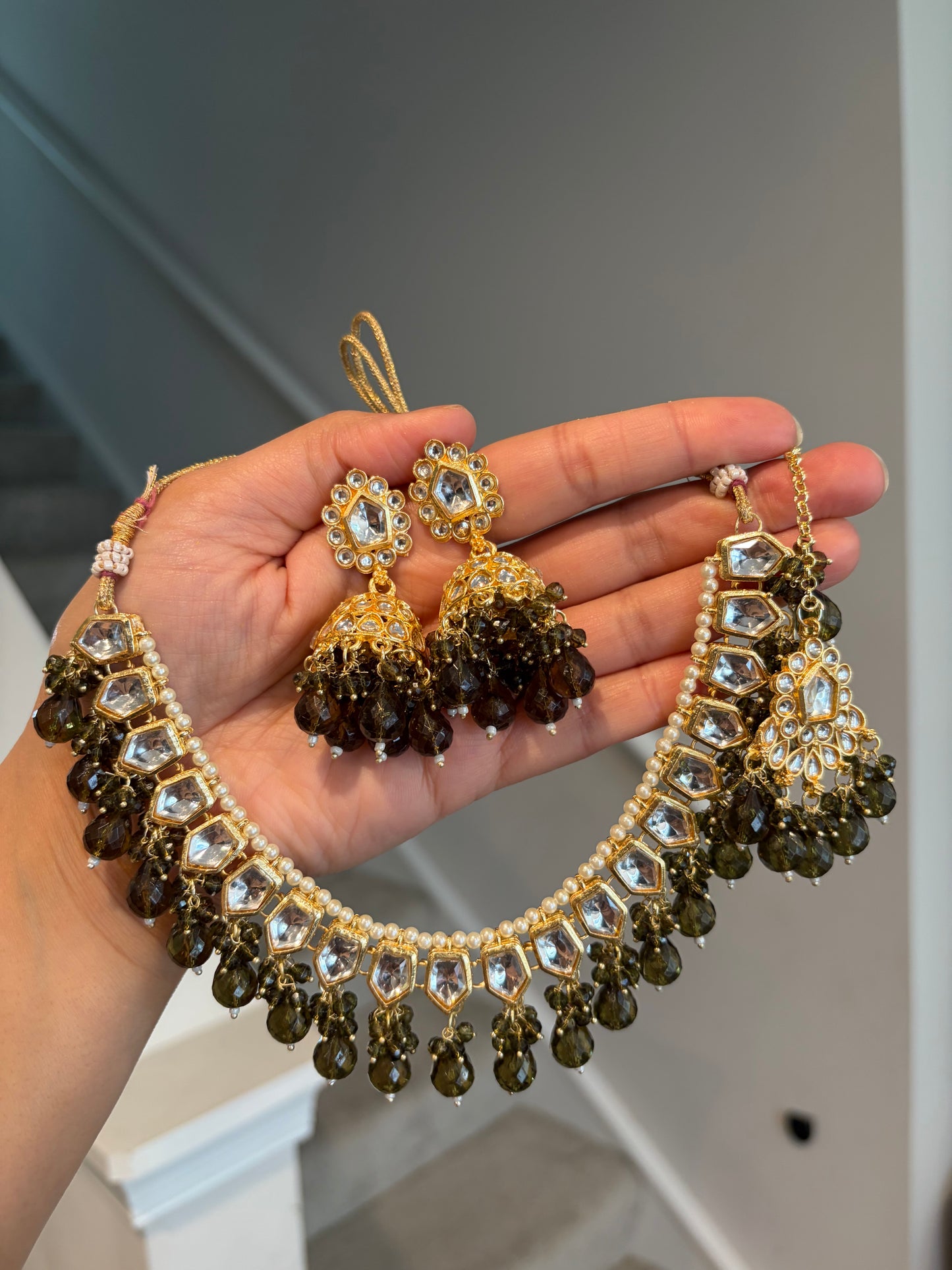 Mehandi Green necklace with jhumki and tikka