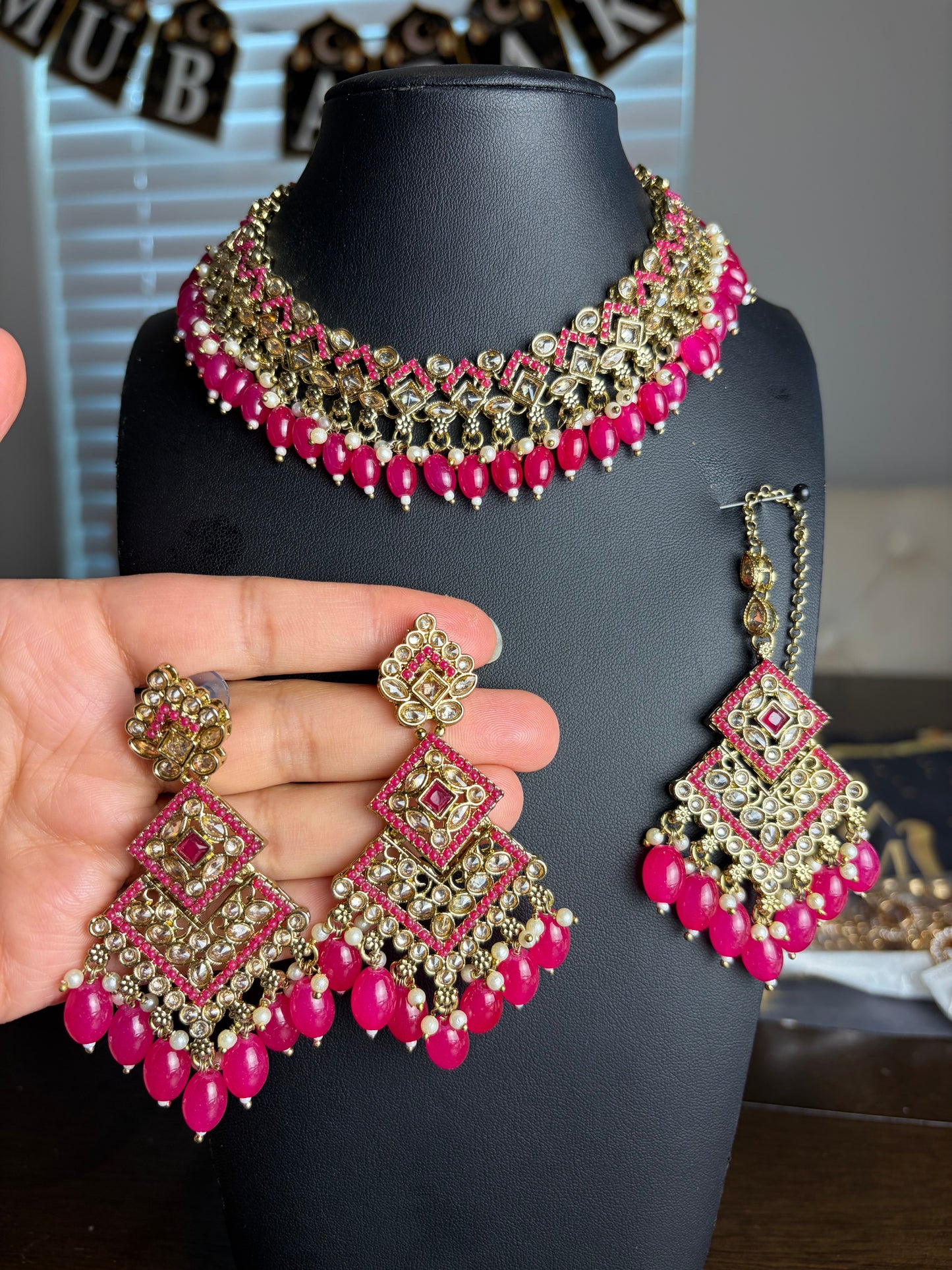 Premium quality necklace set with earrings and tikka