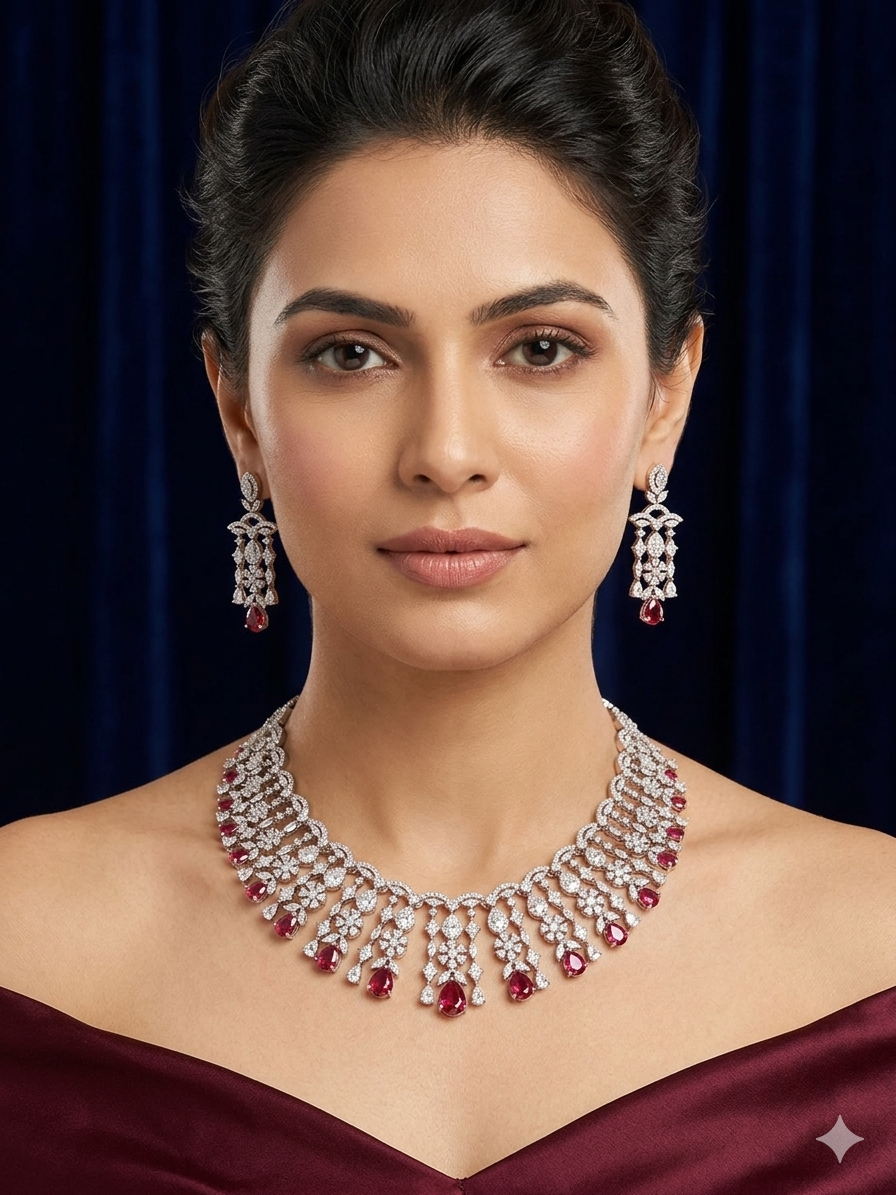 Sterling silver AD Necklace set| Red| Rani